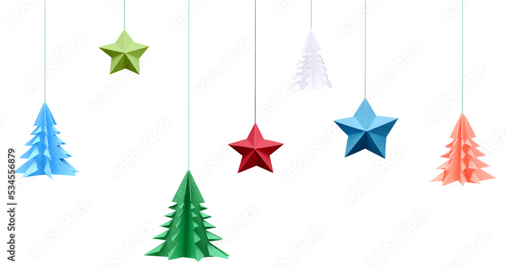 Wall mural haning origami paper stars and trees with string