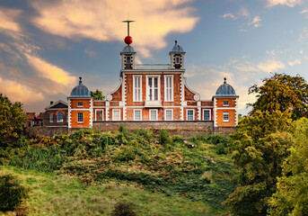 Greenwich, London, England - View of the famous museum building of the Royal Observatory and park...