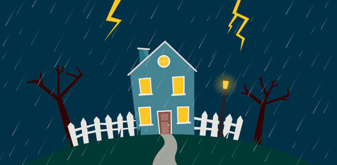 Obraz premium rainy landscape house garden 