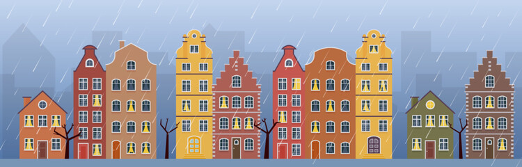 Naklejka premium City Landscape Rainy autumn fall day cozy panorama banner