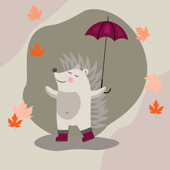 Cute hedgehog in boots with purple umbrella. Autumn cartoon illustration.