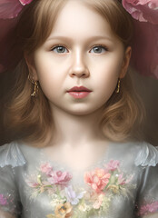Fantasy portrait of a young fairy girl princess with flower ornaments in her hair and dress. 
Fantasy art, digital painting with custom trained AI models.
