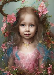Fantasy portrait of a young flower fairy girl with nature themed dress and visible brush strokes.
Fantasy art, digital painting with custom trained AI models. 