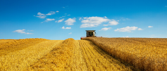 Moissonneuse au travail dans les champs de blé pendant les moissons en France. - 534559088