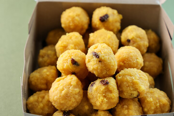 Many Motichoor Ladoo Rava Laddu Kesar besan boondi laddu Semolina Indian sweet dish mithai Diwali...