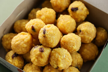 Many Motichoor Ladoo Rava Laddu Kesar besan boondi laddu Semolina Indian sweet dish mithai Diwali...
