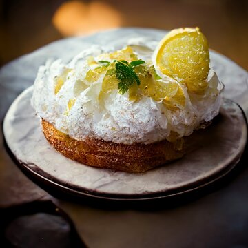 A creamy lemon pie with chantilly and meringue on top. Lemon pie slice, marble plate, close up, dessert, sugar. Photo realistic, concept art, background, illustration