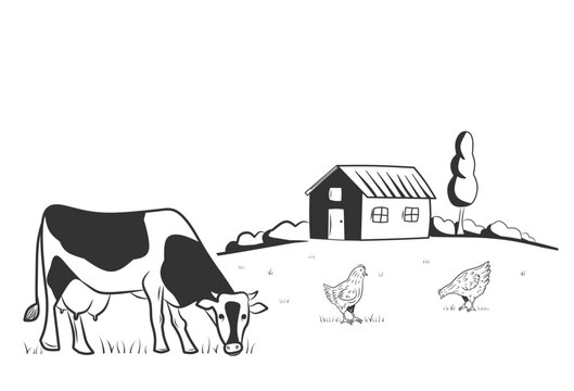 Village house with chickens and cow hand drawing vector illustration