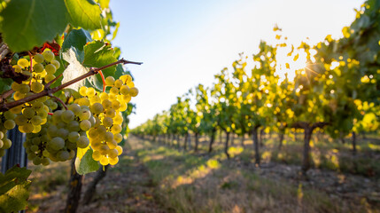 Grappe de raisin blanc dans un vignoble à l'automne.