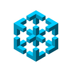 Impossible shape made of cubes. Penrose esher geometric object. Isometric projection. Hexagon shape with a cross in the middle. Blue 3D block design element pieces. Vector illustration, clip art. 