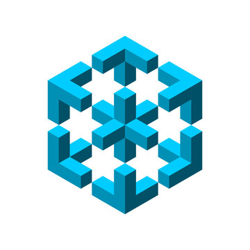 Impossible shape made of cubes. Penrose esher geometric object. Isometric projection. Hexagon shape with a cross in the middle. Blue 3D block design element pieces. Vector illustration, clip art. 
