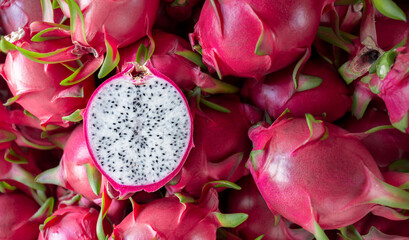 Dragon fruit that has been cut in half for product display. dragon fruit which are beautifully...