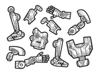 disassembled broken cartoon robot sketch engraving vector illustration. Scratch board imitation. Black and white hand drawn image.