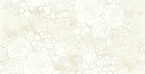 A seamless texture with a floral bouquet of roses, berries, leaf