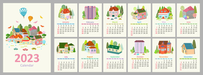 Design of wall monthly calendar for the year 2023, the week star - obrazy, fototapety, plakaty