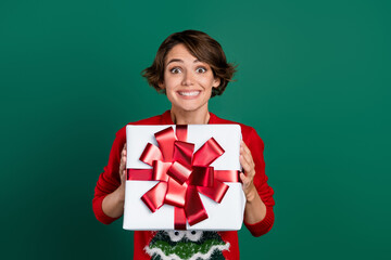 Photo of impressed brown hair millennial lady hold gift wear red pullover isolated on green color...