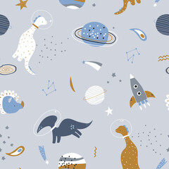 Materiał do szycia Seamless childish pattern with funny dino in a helmet in the space. Creative kids cosmos texture for fabric, wrapping, textile, wallpaper, apparel. Vector illustration