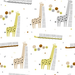 Seamless childish pattern with cute hand drawn giraffe and caterpillar ruler. Creative kids hand drawn texture for fabric, wrapping, textile, wallpaper, apparel. Vector illustration - 534561626