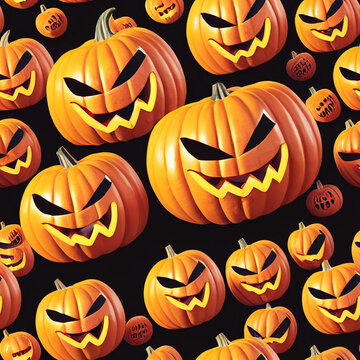 A computer generated illustration of Halloween pumpkins against a black background, seamless pattern which cane be tiled to make a larger image. A.I. generated art.