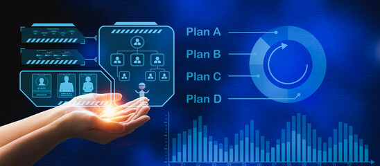 Men's hands show a virtual hologram. Concept of setting business goals together as a group of organizations and challenges in business marketing, teamwork, and agency. work inspiration