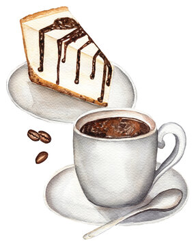 Watercolor coffee illustration with cake, cafe bakery clipart, Coffee cup and  cheesecake print