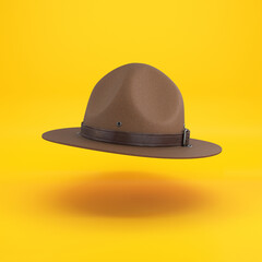 Scout hat, ranger hat, brown campaign hat floating on a yellow background, 3d render