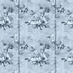 Vintage Dusty Blue Messy Floral Seamless Pattern Background with Shabby Cottage Chic Wallpaper Repeating Design with Handwriting on Grunge Paper