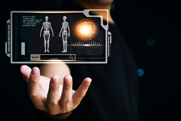 Men touchscreen icon with Light icon Brain with a modern virtual screen interface, medical technology network connection concept, mental health protection, and care