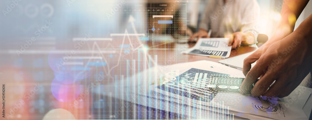 Poster businessman using smartphone data progress of business and financial and investment data,network and