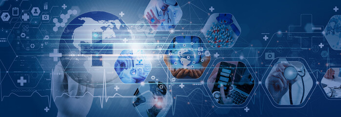 Doctor with virtual globe  healthcare network connection concept.Science and medical innovation technology future sustainable smart services and solutions in global research networks.