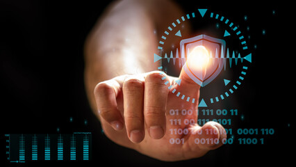 Men, touchscreen network security icon and privacy lock to protect data Internet network security technologies and the use of virtual screen interfaces to protect personal information on a digital 