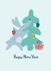 Happy New Year greeting card with Water Rabbit, zodiac animal for 2023. Funny Chinese horoscope rabbit and hand-lettered greeting phrase