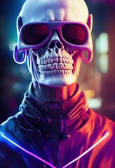 Portrait of a cyberpunk zombie skeleton from hell with fancy sunglasses. Halloween Concept. 3D rendering.