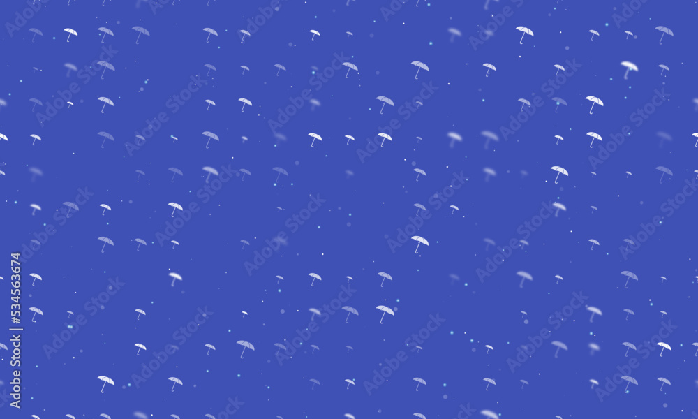 Poster seamless background pattern of evenly spaced white umbrella symbols of different sizes and opacity. 