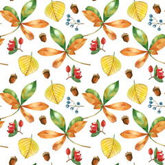 Fototapeta na wymiar Seamless pattern of watercolor autumn leaves on a white background. Hand-painted in watercolor on a white background. Suitable for printing on fabric, paper, invitations
