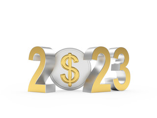 Number 2023 with a coin with a dollar sign on a white background. 3D illustration