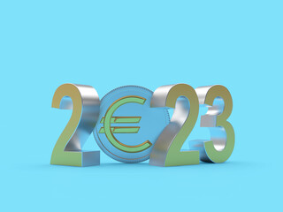 Number 2023 with a coin with Euro sign on blue. 3D illustration
