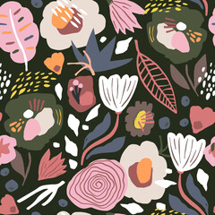 Seamless autumn floral pattern with flowers, leaves. Creative botanical abstract texture with. Great for fabric, textile vector illustration.