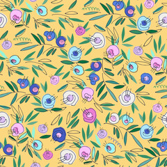 Seamless colorful pattern with hand drawn bright flowers on dark background for surface design and other design projects