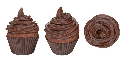 Set of cupcakes with chocolate cream from different angles front, side, top, 3d render