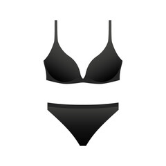Black female panties and bra template. Elegant sexy lingerie in trendy design. Stylish swimsuit from new collection with classic vector style - obrazy, fototapety, plakaty