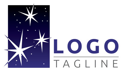 Logo with three white stars on dark gradient night sky starry background, with bold sans serif company name and tagline
