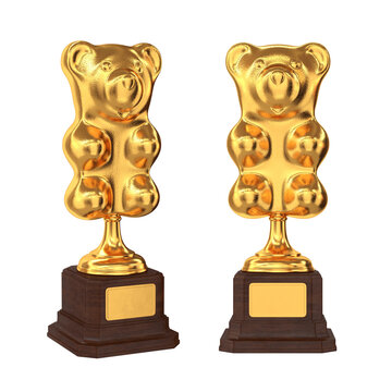 Set of golden trophies gummy bear on a white background, 3d render