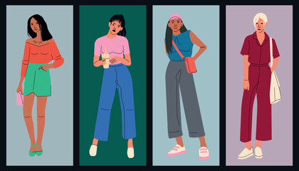 Set of young women dressed in stylish trendy clothes. Fashion look. Female models standing in various poses. Different clothing. Cartoon style. Fashionable ladies. Hand drawn. Vector illustration