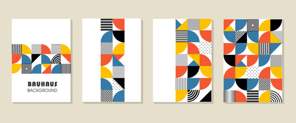 A set of posters with a Bauhaus swiss style pattern. Minimal vintage geometric design posters, wall art, layout with primitive background shapes