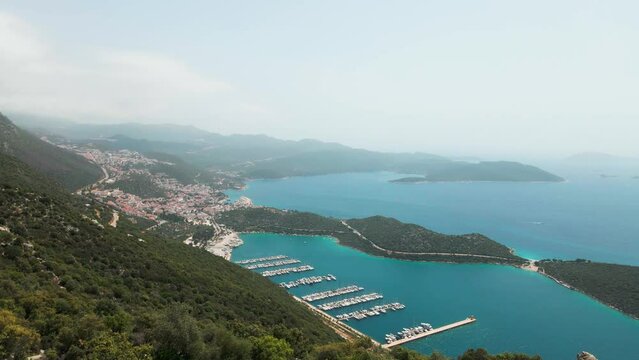 Town of Kas surrounded by sea bay and mountains. Aerial view from, 4k Turkey