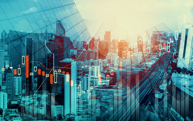 Financial graphs and digital indicators overlap with modernistic urban area, skyscrabber for stock market business concept. Double exposure.