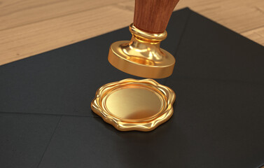 Stamp and gold wax seal on a black envelope, 3d render