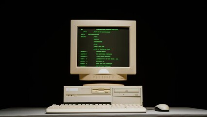 Retro pc with loading code console, programmer making scripts, green basic screen, Old computer studio close-up, Desktop vintage retro wave display, late 90s PC.