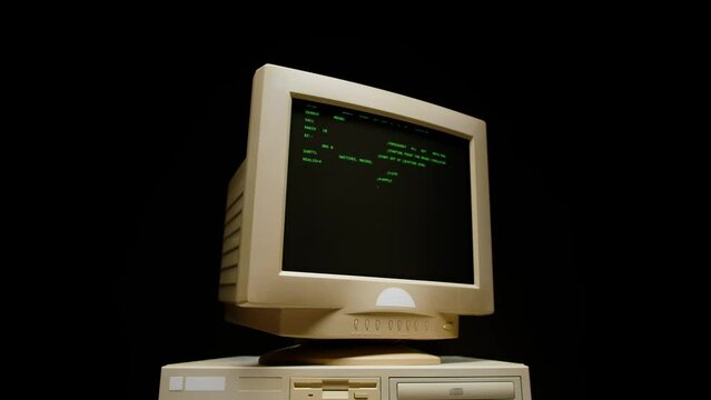 Retro pc with loading code console, programmer making scripts, green basic screen, Old computer studio close-up, Desktop vintage retro wave display, late 90s PC.